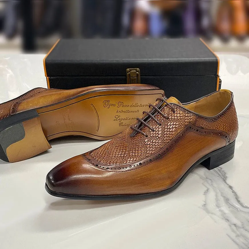 Men's Genuine Leather Snake Embossed Lace-Up Shoes