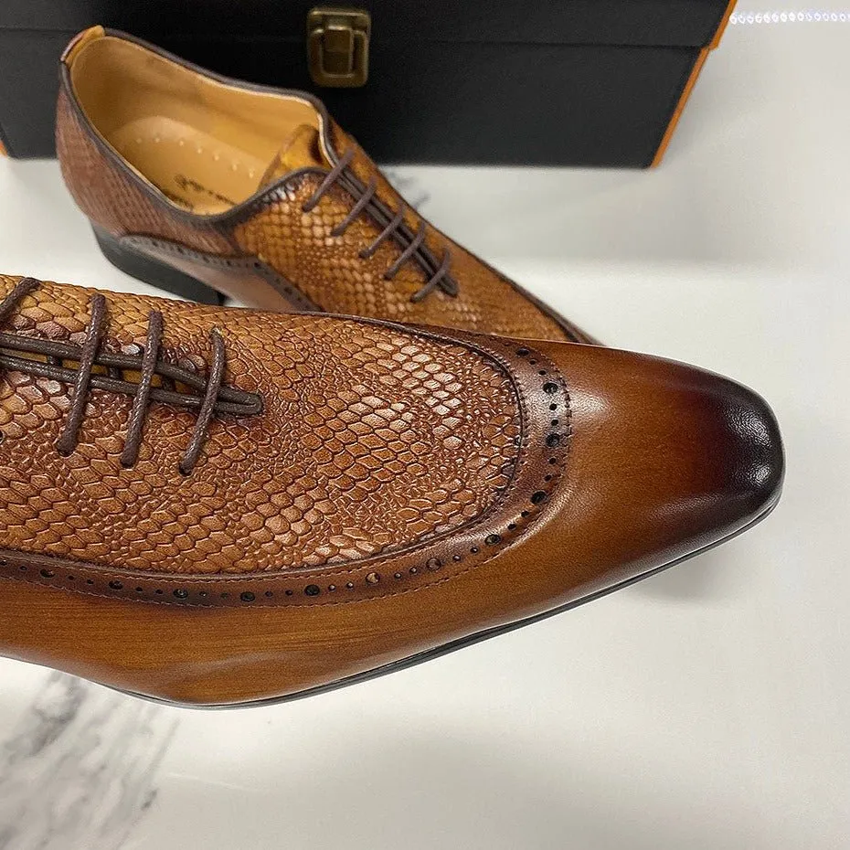 Men's Genuine Leather Snake Embossed Lace-Up Shoes