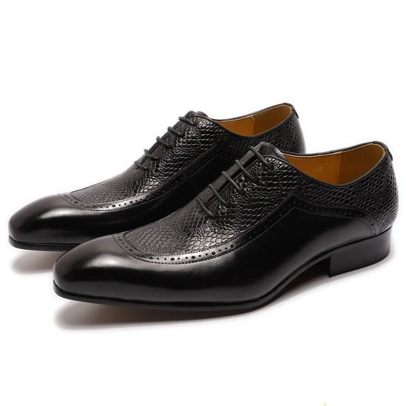 Men's Genuine Leather Snake Embossed Lace-Up Shoes