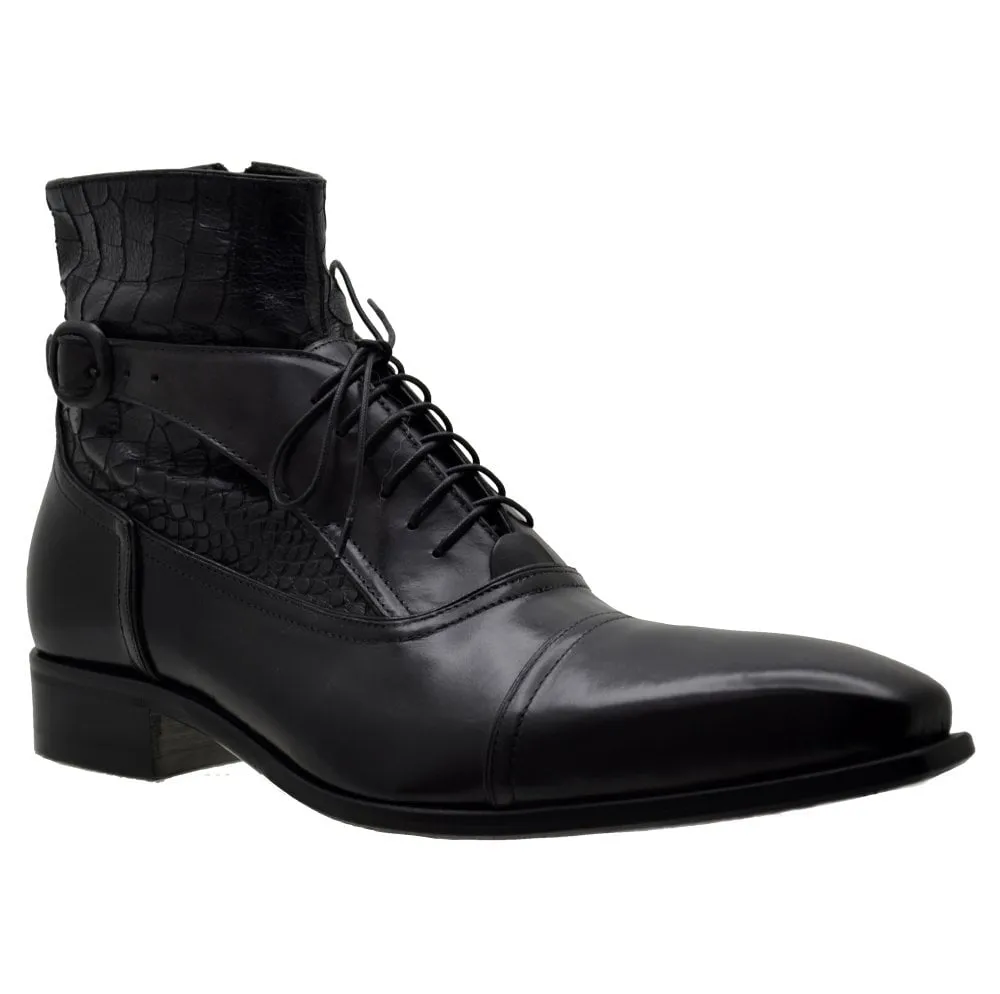 Men's Italian Shoes Jo Ghost 960 Black Leather Print Crocodile Ankle Boots available size 46