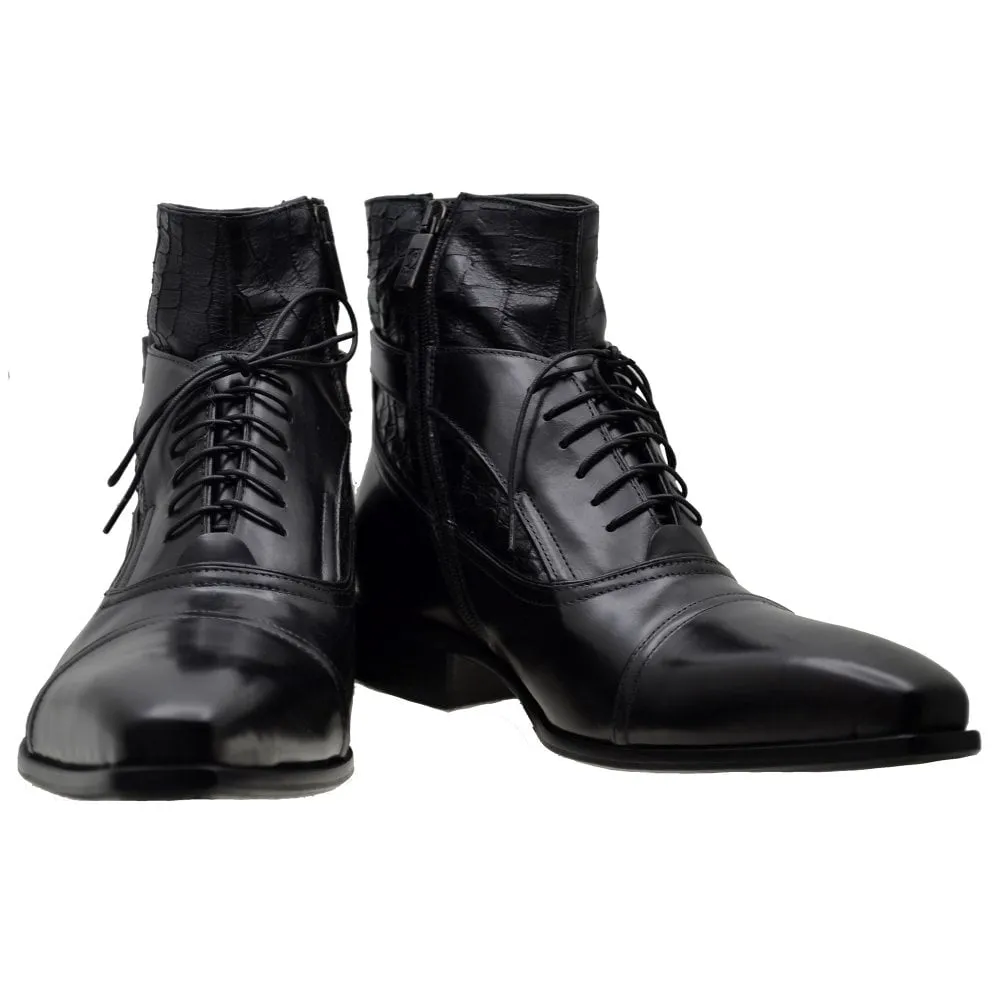 Men's Italian Shoes Jo Ghost 960 Black Leather Print Crocodile Ankle Boots available size 46