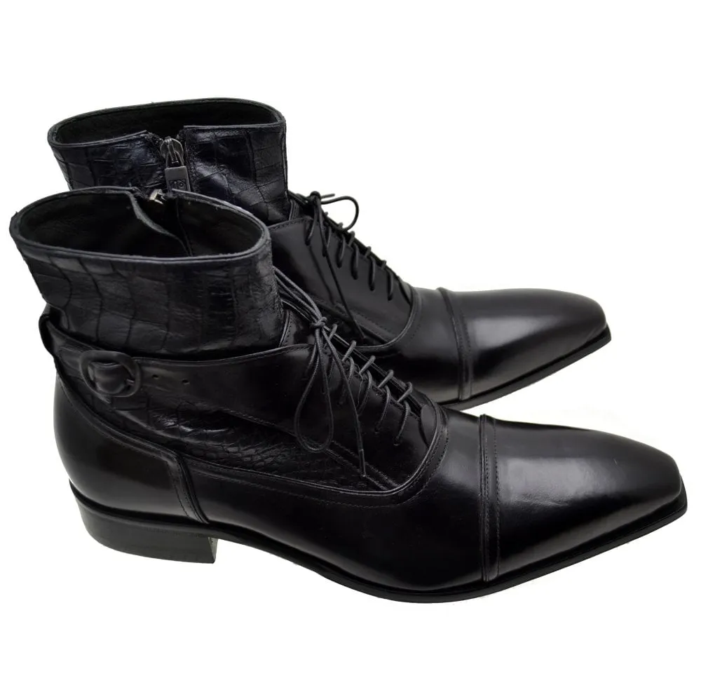 Men's Italian Shoes Jo Ghost 960 Black Leather Print Crocodile Ankle Boots available size 46