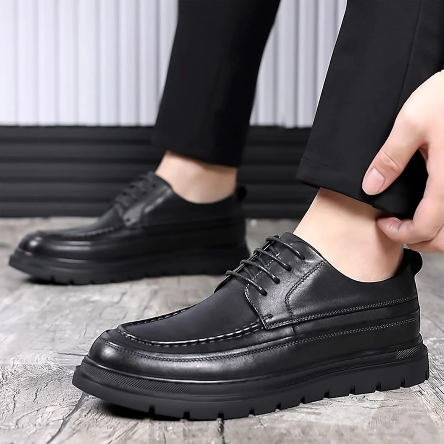 Men's Leather Platform Dress Oxford Shoes Classic Lace Up Non-Slip Formal Business Work Shoes