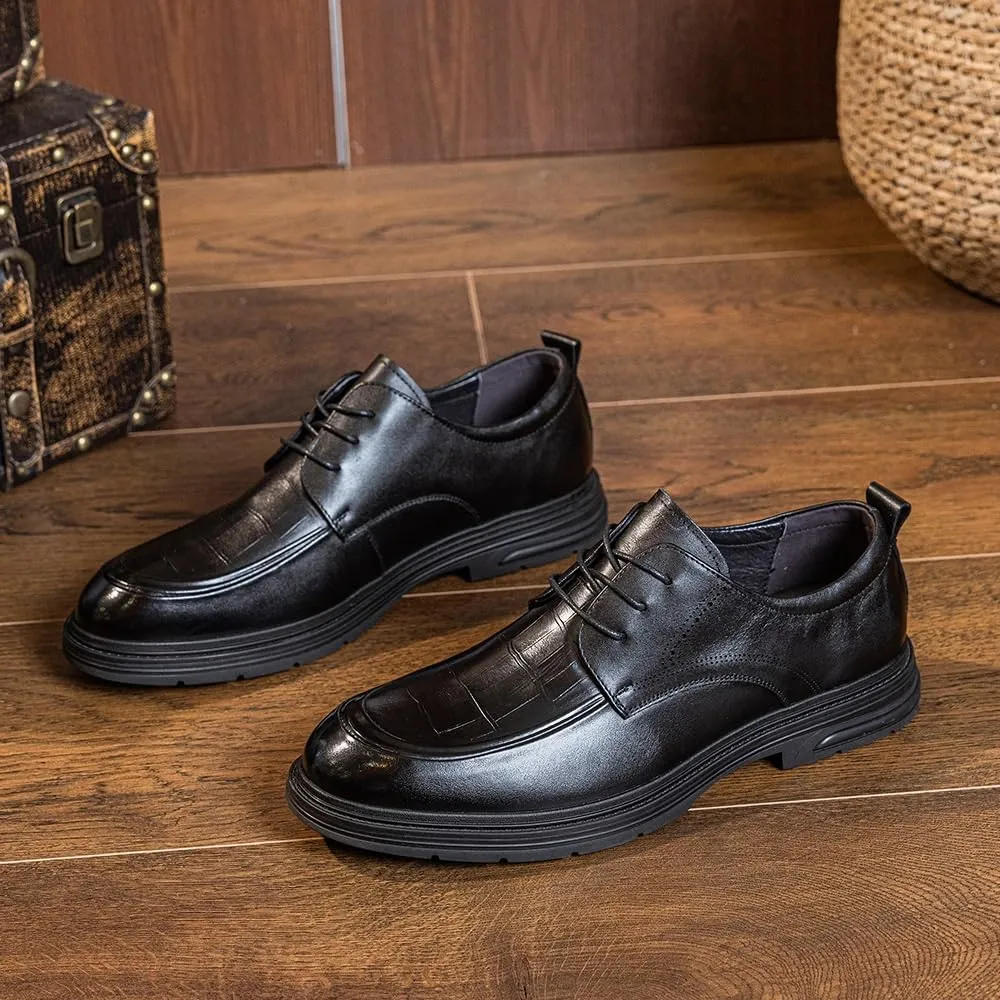 Men's Leather Platform Lace Up Dress Oxford Shoes Casual Round Toe Chunky Heel Slip On Shoes