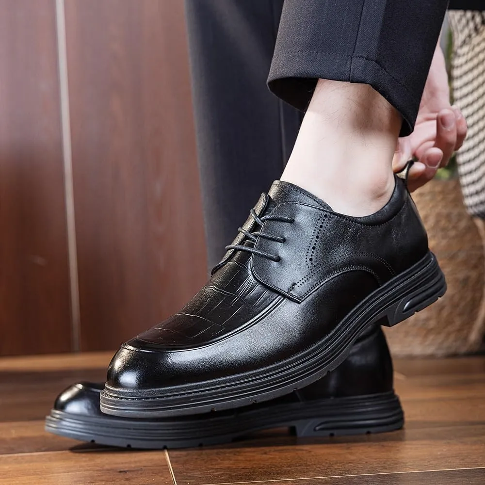 Men's Leather Platform Lace Up Dress Oxford Shoes Casual Round Toe Chunky Heel Slip On Shoes
