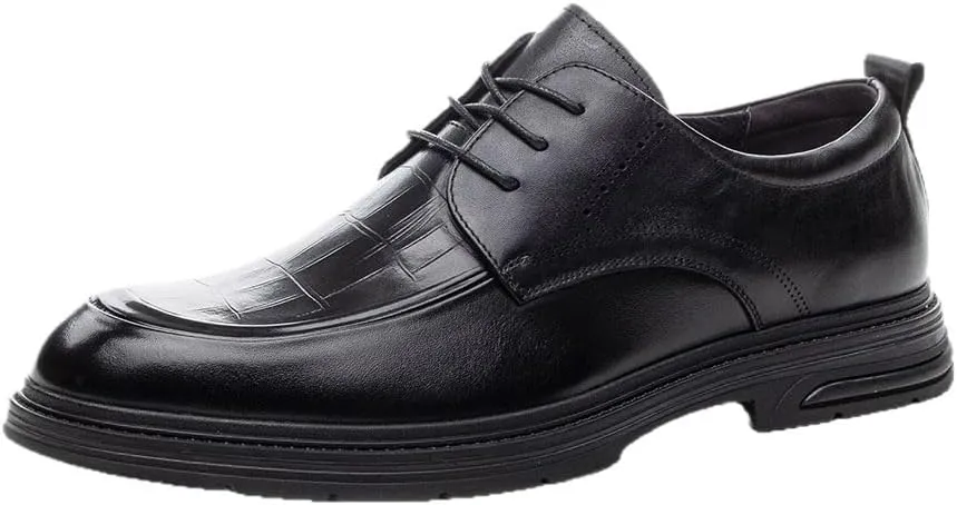 Men's Leather Platform Lace Up Dress Oxford Shoes Casual Round Toe Chunky Heel Slip On Shoes