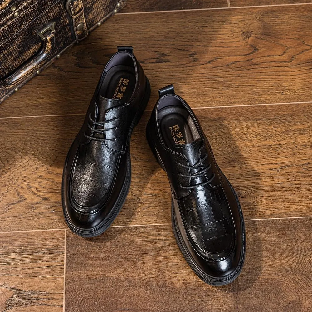 Men's Leather Platform Lace Up Dress Oxford Shoes Casual Round Toe Chunky Heel Slip On Shoes