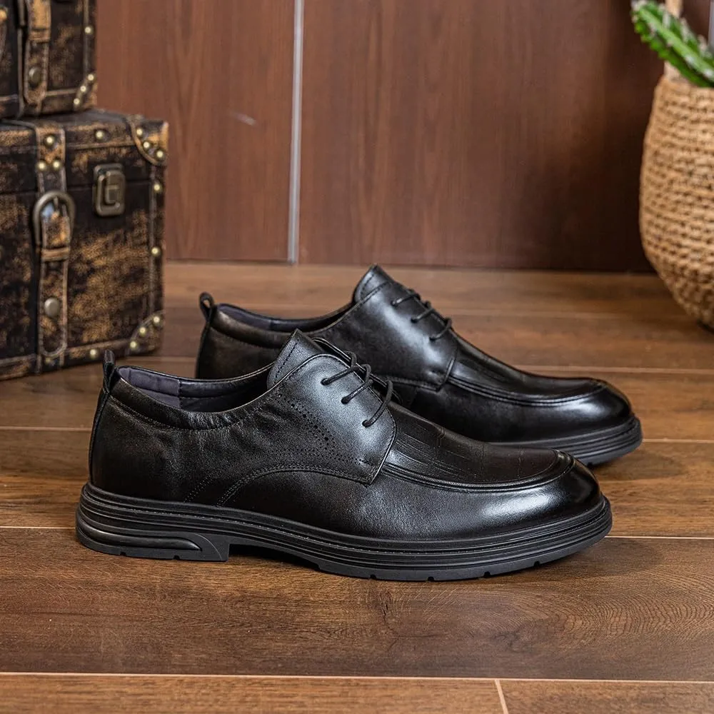 Men's Leather Platform Lace Up Dress Oxford Shoes Casual Round Toe Chunky Heel Slip On Shoes