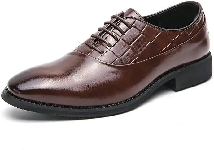 Men's Leather Shoes Retro Pointed Chunky Heel Non-Slip Business Dress Shoes Waterproof Formal Derby Shoes for Men(Brown,6.5)