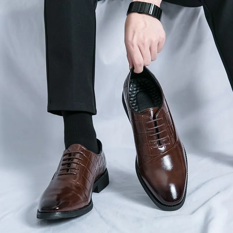 Men's Leather Shoes Retro Pointed Chunky Heel Non-Slip Business Dress Shoes Waterproof Formal Derby Shoes for Men(Brown,6.5)