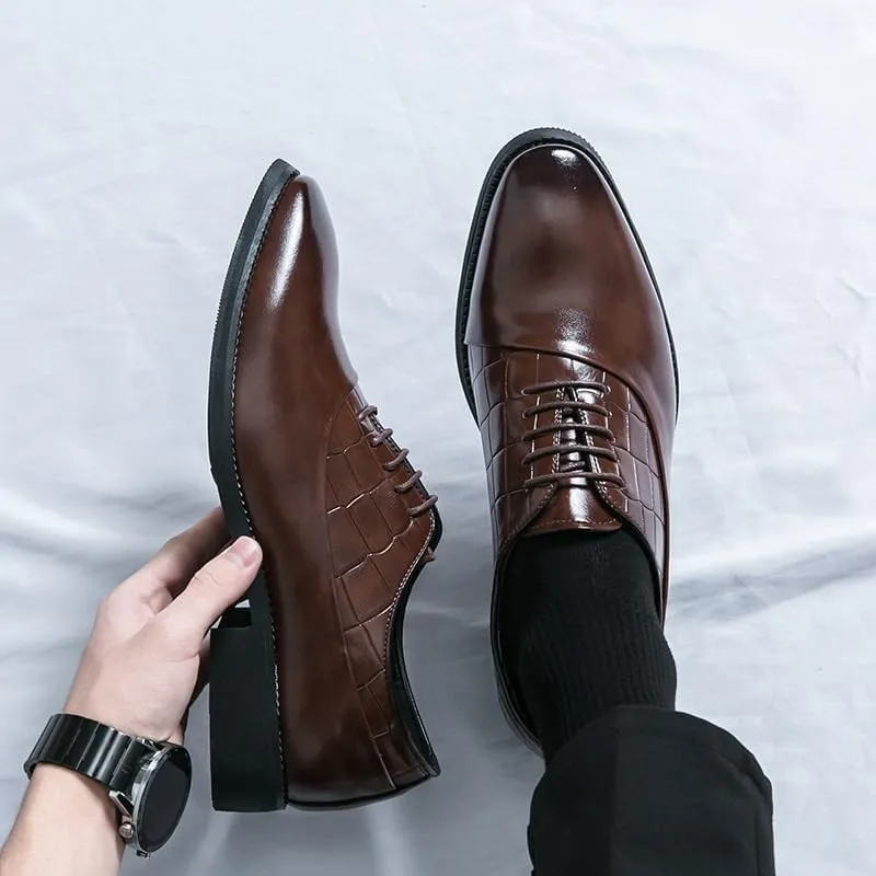 Men's Leather Shoes Retro Pointed Chunky Heel Non-Slip Business Dress Shoes Waterproof Formal Derby Shoes for Men(Brown,6.5)