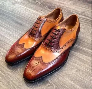 Men's Leather Tan Brown Wing Tip Brogue Shoes