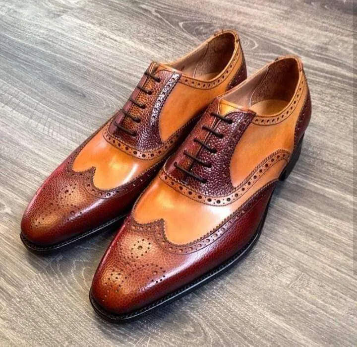 Men's Leather Tan Brown Wing Tip Brogue Shoes