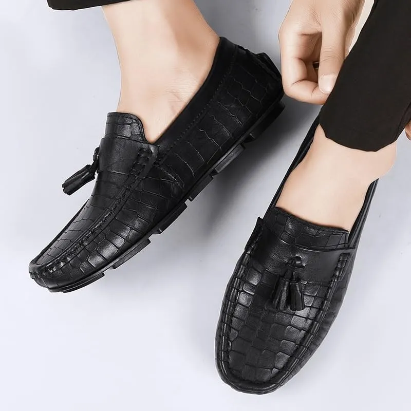 Men's Loafers Round Toe PU Leather Stone Pattern with Tassel Driving Loafers Flat Heel Comfortable Slip Resistant Fashion Party Slip-on