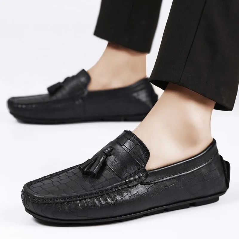 Men's Loafers Round Toe PU Leather Stone Pattern with Tassel Driving Loafers Flat Heel Comfortable Slip Resistant Fashion Party Slip-on