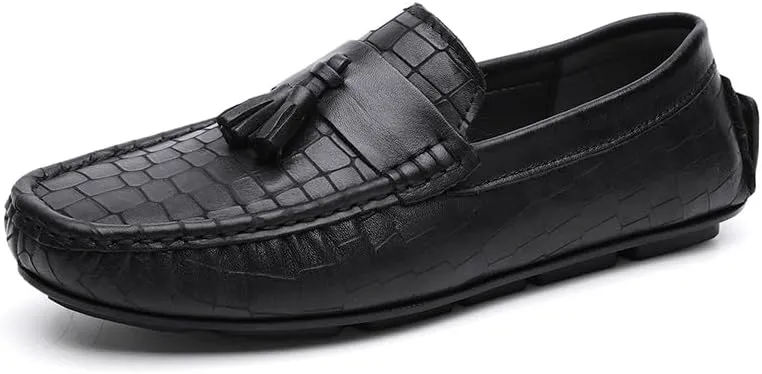 Men's Loafers Round Toe PU Leather Stone Pattern with Tassel Driving Loafers Flat Heel Comfortable Slip Resistant Fashion Party Slip-on