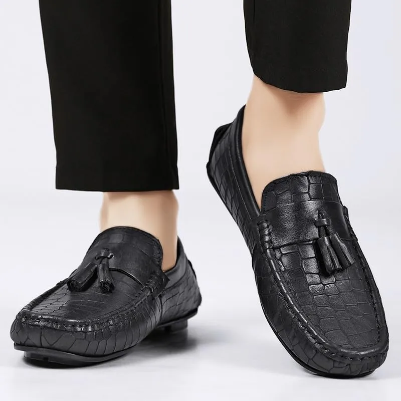 Men's Loafers Round Toe PU Leather Stone Pattern with Tassel Driving Loafers Flat Heel Comfortable Slip Resistant Fashion Party Slip-on