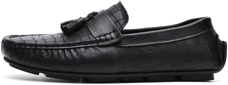 Men's Loafers Round Toe PU Leather Stone Pattern with Tassel Driving Loafers Flat Heel Comfortable Slip Resistant Fashion Party Slip-on