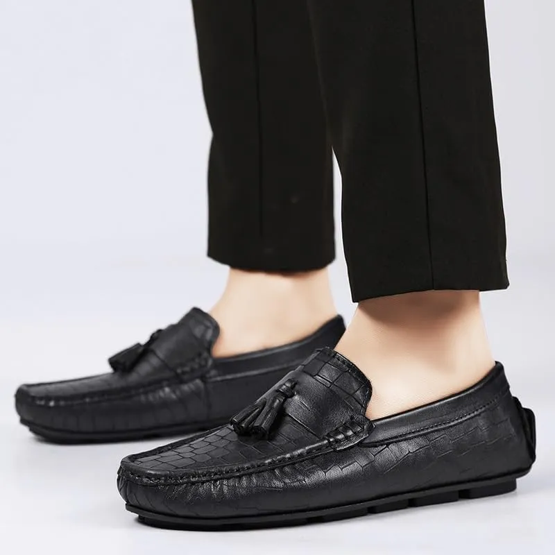 Men's Loafers Round Toe PU Leather Stone Pattern with Tassel Driving Loafers Flat Heel Comfortable Slip Resistant Fashion Party Slip-on