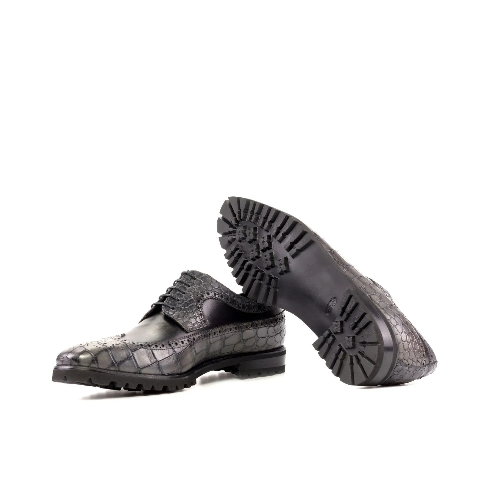 Men's Longwing Blucher Leather Shoes Wide Black Grey 5222