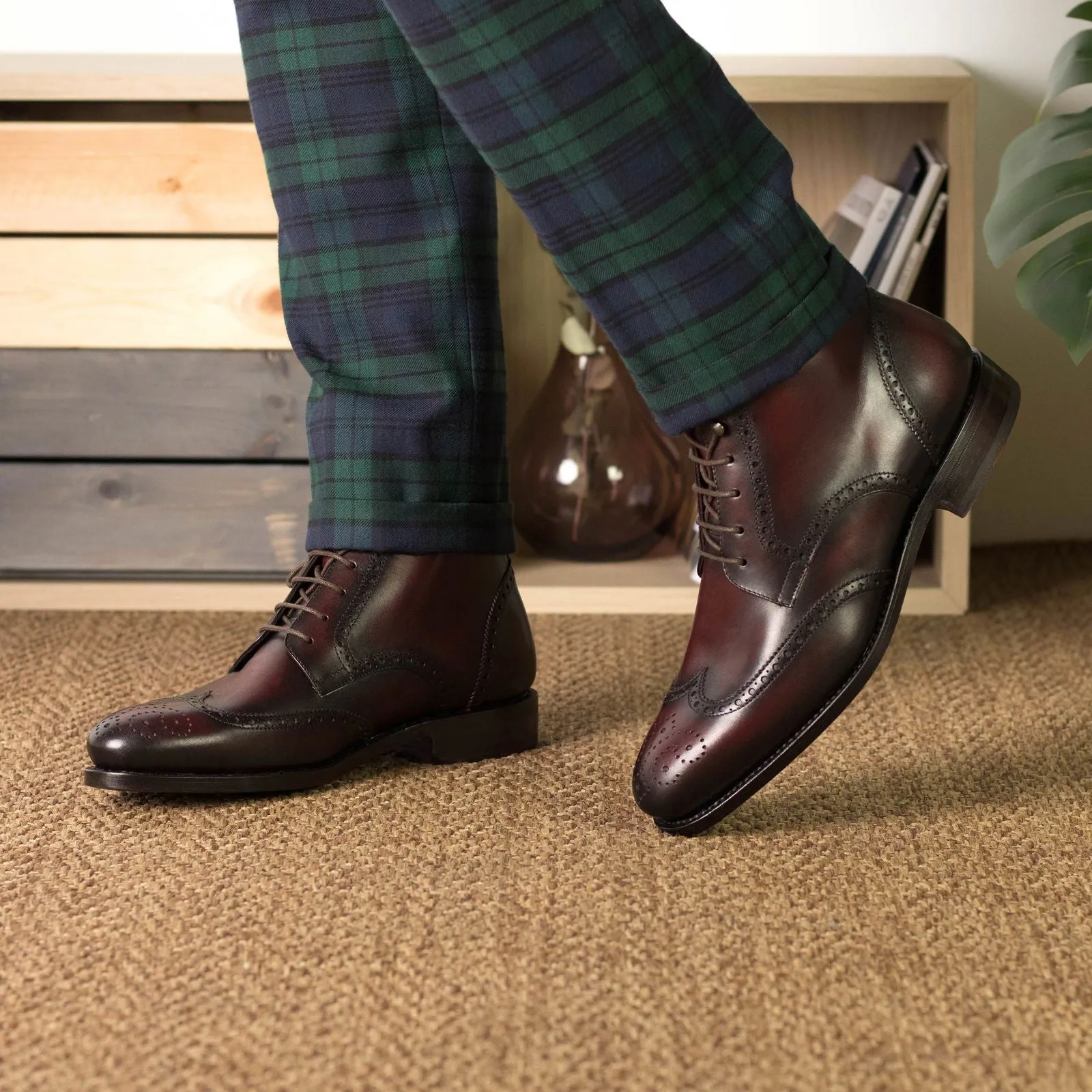 Men's Military Brogue Leather Boots Goodyear Welt Wide Plus Size Burgundy 5657