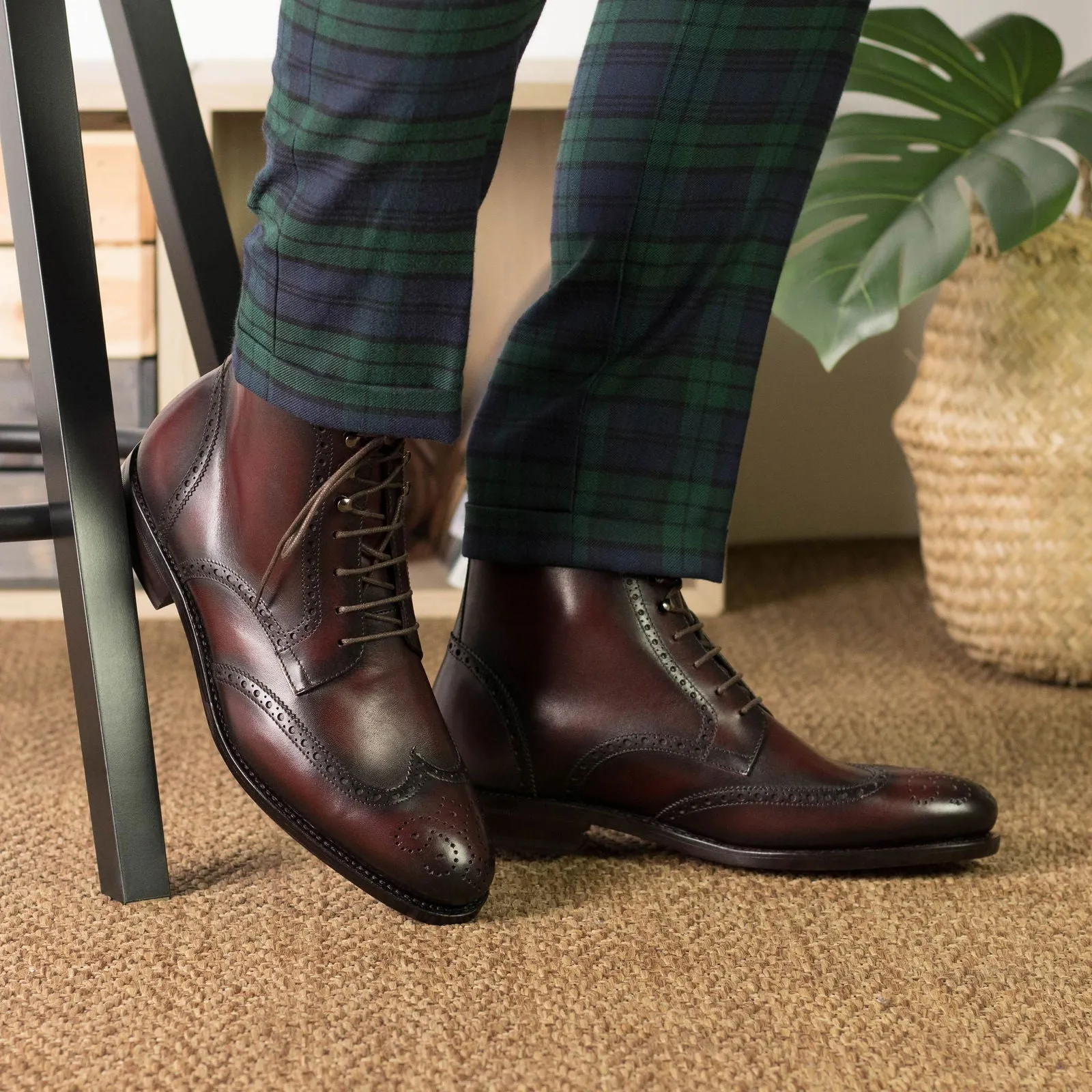 Men's Military Brogue Leather Boots Goodyear Welt Wide Plus Size Burgundy 5657