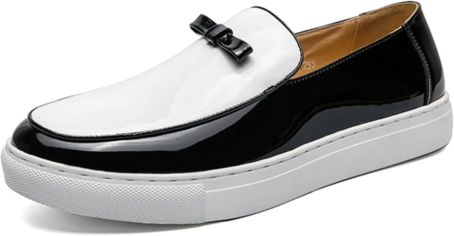 Men's Patent Leather Penny Loafers with Bow Round Toe Slip-On Flat Business Formal Shoes Casual Driving Work Shoes