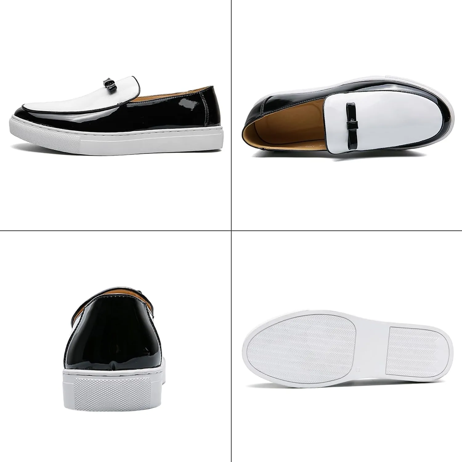 Men's Patent Leather Penny Loafers with Bow Round Toe Slip-On Flat Business Formal Shoes Casual Driving Work Shoes