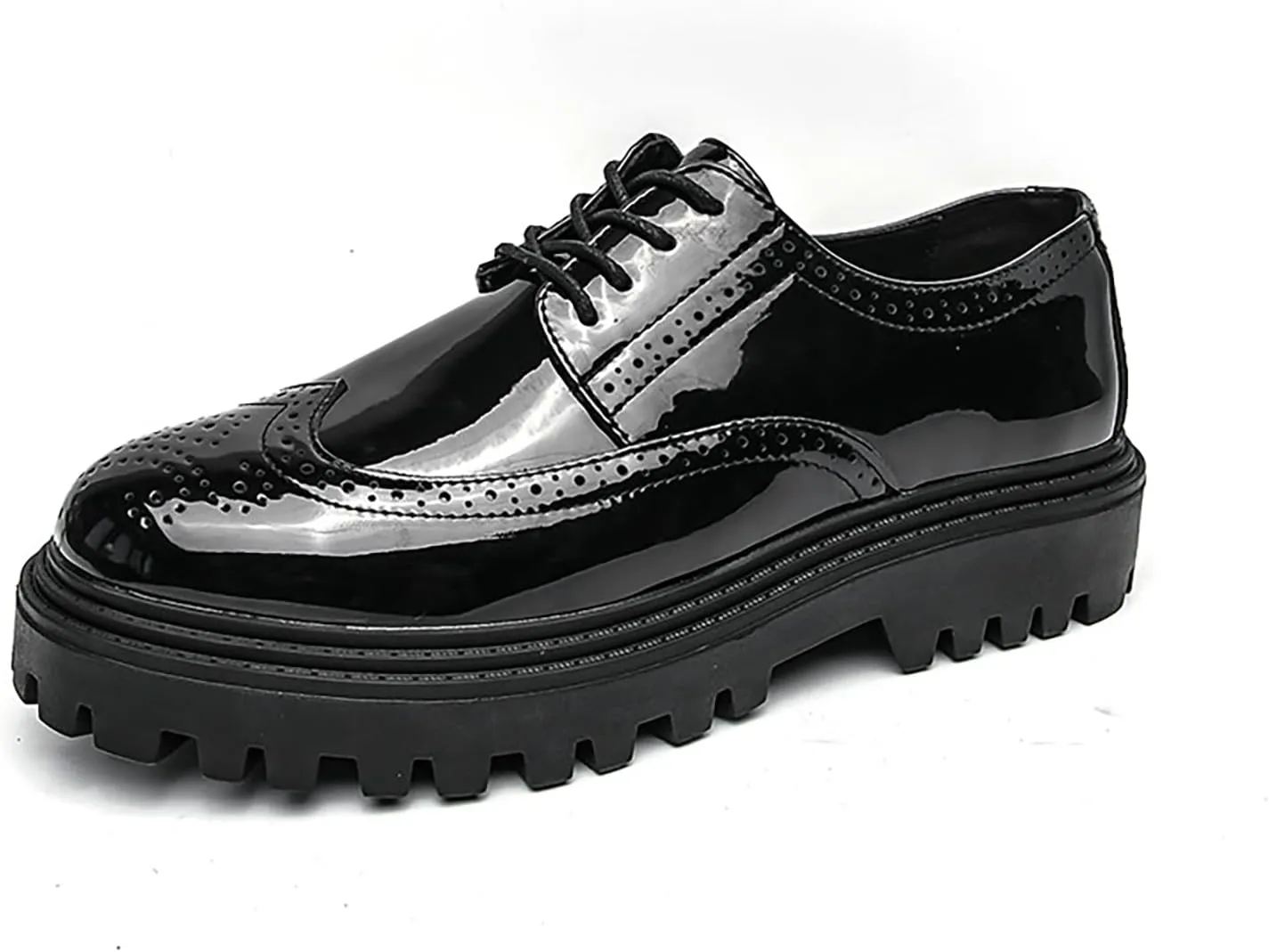 Men's Patent Leather Wingtip Platform Derby Shoes Fashion Round Toe Lace Up Lug Sole Brogue Dress Shoes for Causal Business Work Wedding
