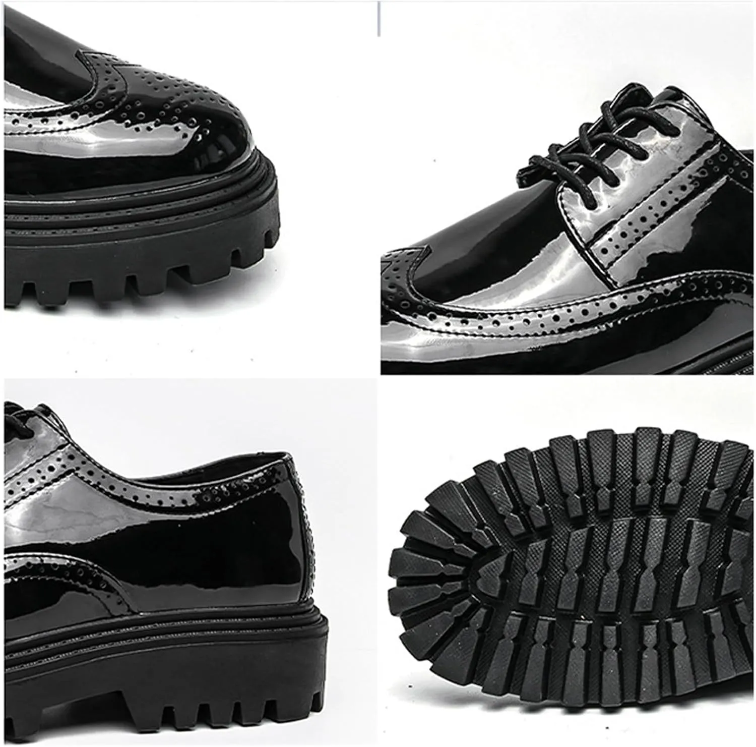 Men's Patent Leather Wingtip Platform Derby Shoes Fashion Round Toe Lace Up Lug Sole Brogue Dress Shoes for Causal Business Work Wedding