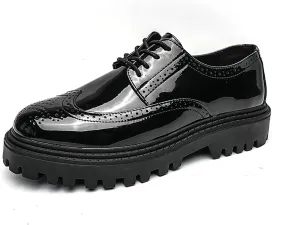 Men's Patent Leather Wingtip Platform Derby Shoes Fashion Round Toe Lace Up Lug Sole Brogue Dress Shoes for Causal Business Work Wedding