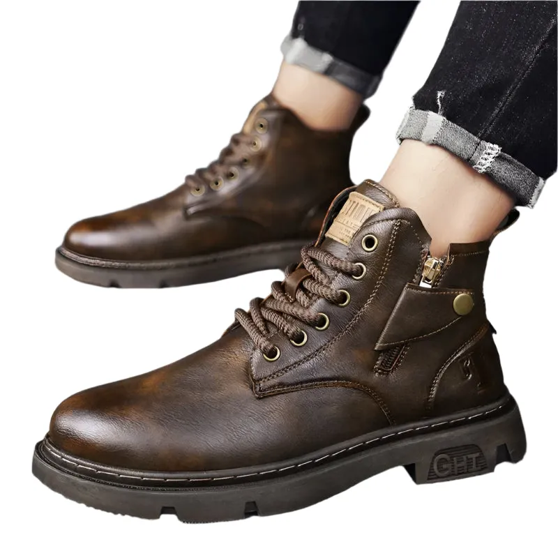 Men's Retro Leather Biker Boots - Wear-Resistant Winter High-Top Motorcycle Shoes, Casual All-Match Outdoor Footwear