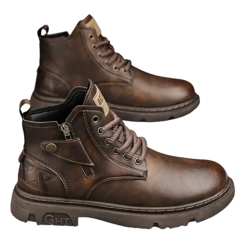 Men's Retro Leather Biker Boots - Wear-Resistant Winter High-Top Motorcycle Shoes, Casual All-Match Outdoor Footwear