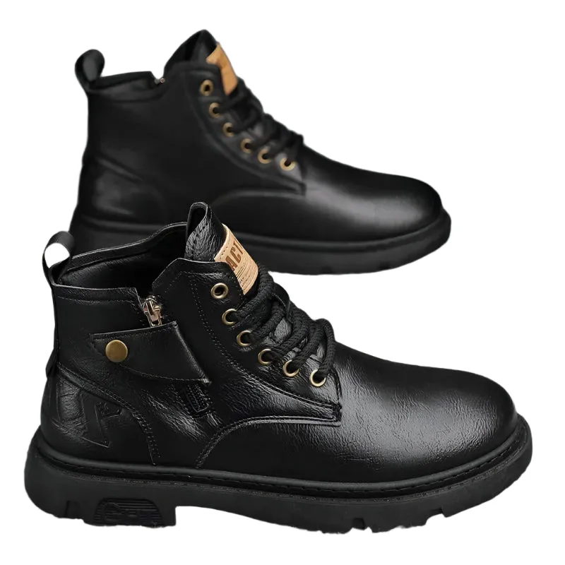 Men's Retro Leather Biker Boots - Wear-Resistant Winter High-Top Motorcycle Shoes, Casual All-Match Outdoor Footwear