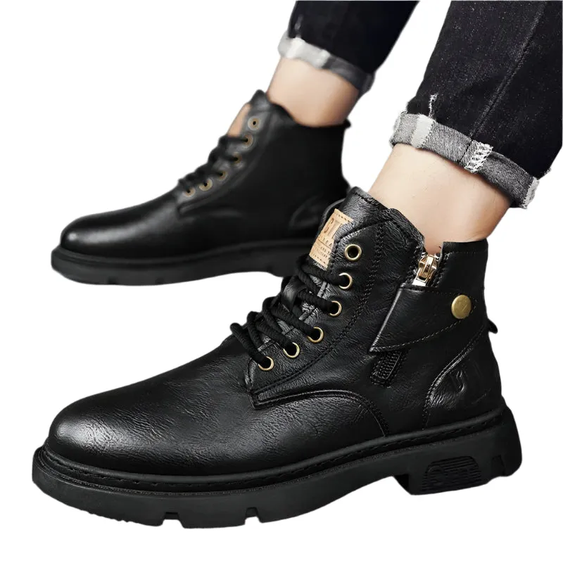 Men's Retro Leather Biker Boots - Wear-Resistant Winter High-Top Motorcycle Shoes, Casual All-Match Outdoor Footwear