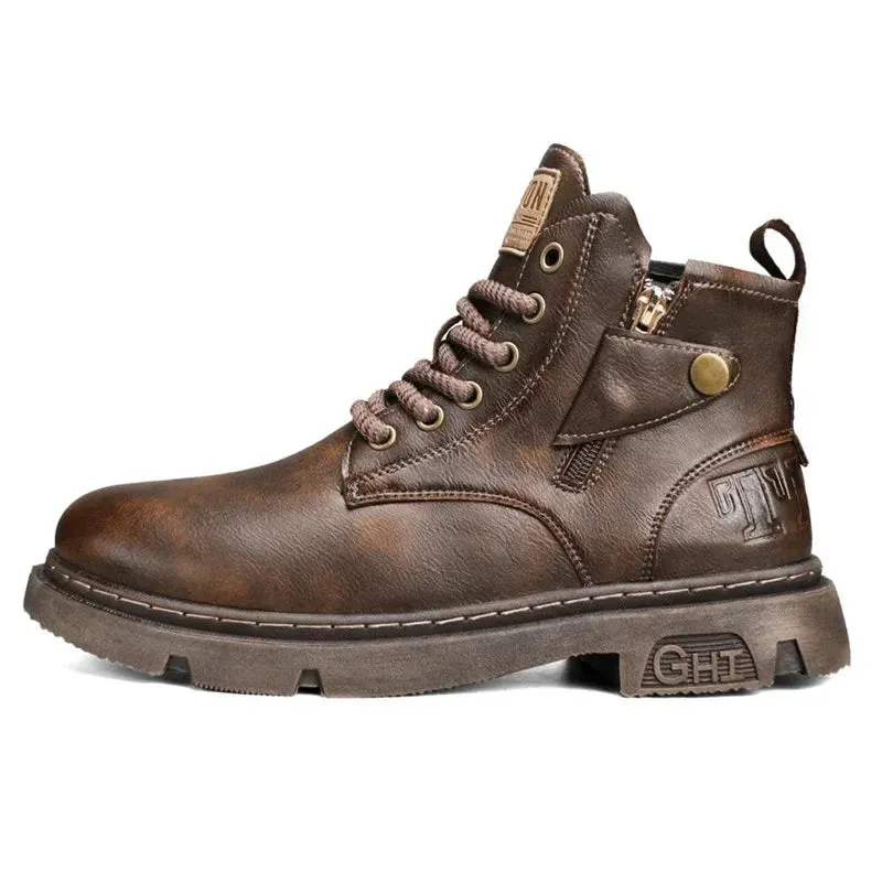 Men's Retro Leather Biker Boots - Wear-Resistant Winter High-Top Motorcycle Shoes, Casual All-Match Outdoor Footwear