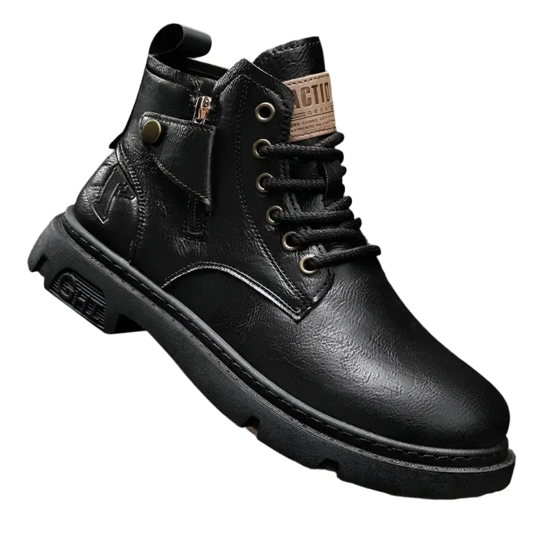Men's Retro Leather Biker Boots - Wear-Resistant Winter High-Top Motorcycle Shoes, Casual All-Match Outdoor Footwear