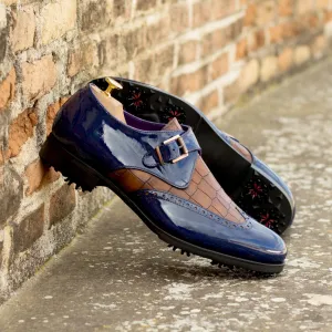 Men's Single Monk Golf Leather Shoes Wide Plus Size Blue Brown 5032