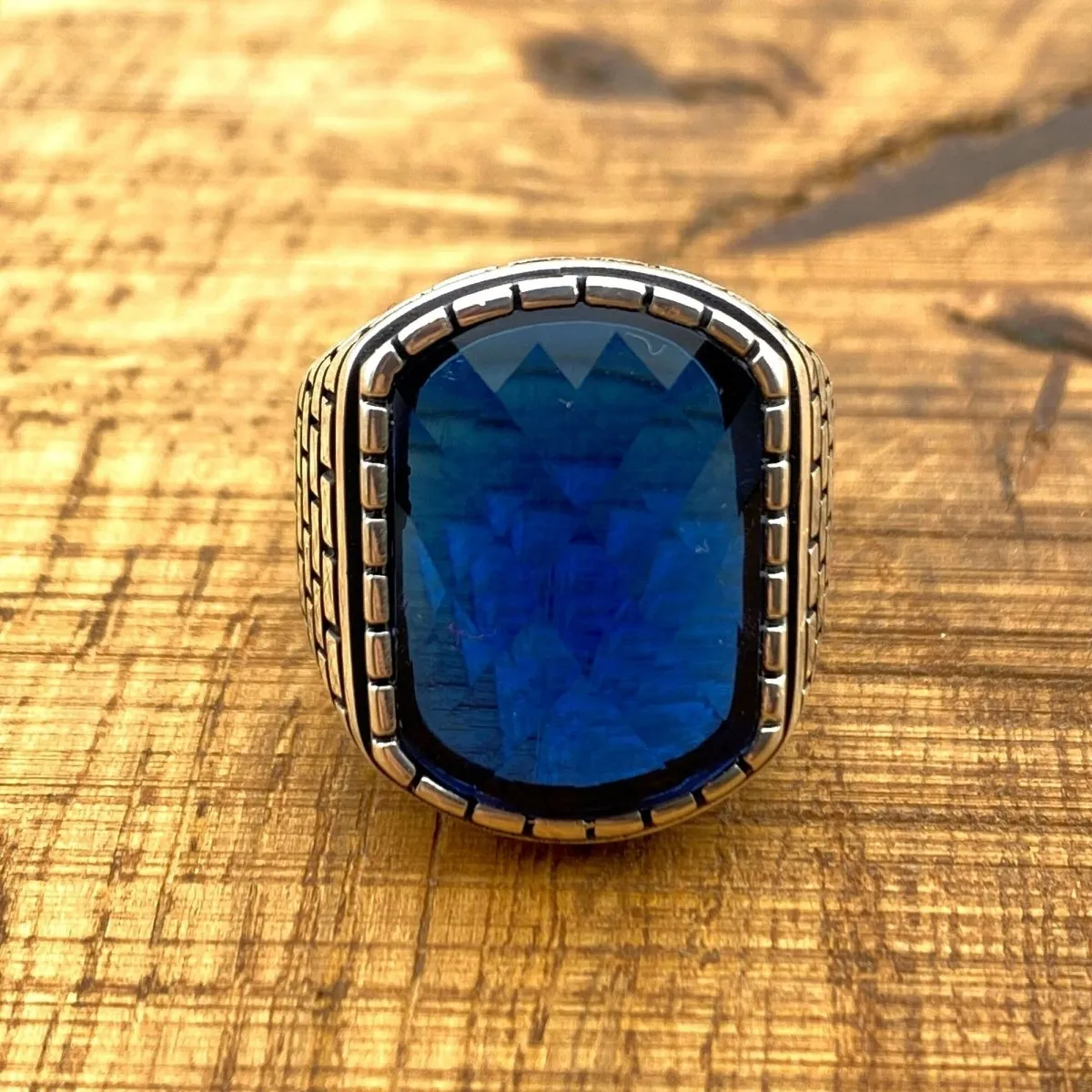 Men's Square Blue Zircon Stone Silver Ring