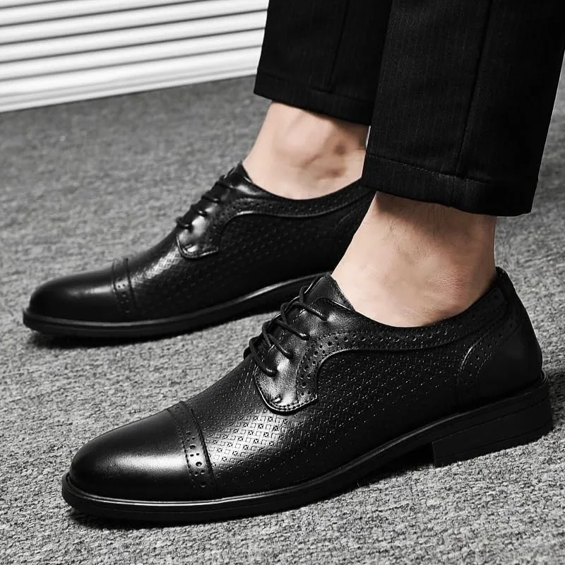 Mens Summer Oxford Shoes Leather Dress Shoes Breathable Business Shoes for Work Comfortable Lightweight(Black,7.5)