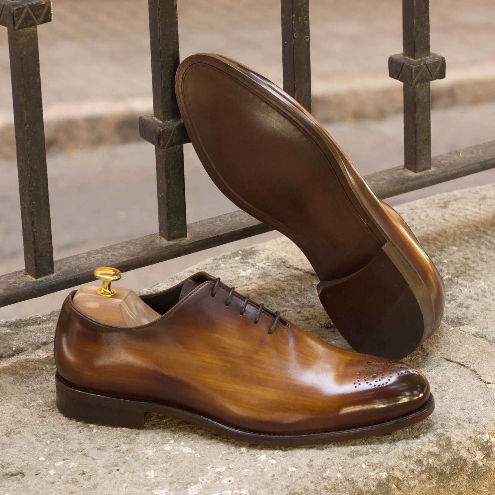 Men's Wholecut Shoes Patina Leather Wide Plus Size Brown 3307