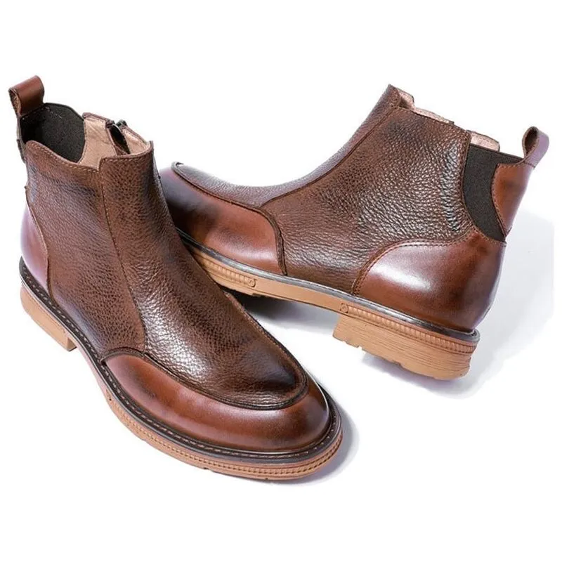 Men's Winter Full Grain Leather Chelsea Boots Side Zip