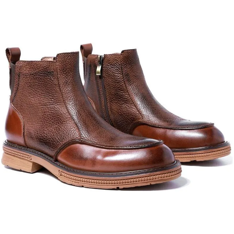 Men's Winter Full Grain Leather Chelsea Boots Side Zip