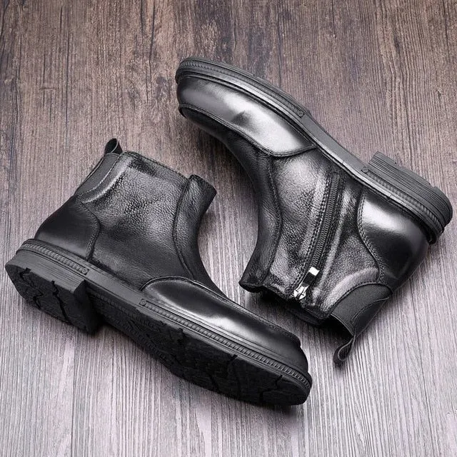 Men's Winter Full Grain Leather Chelsea Boots Side Zip