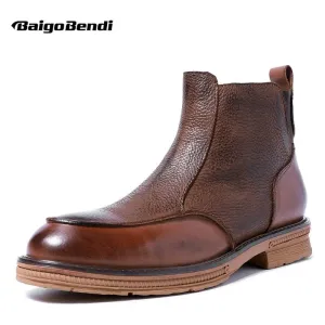 Men's Winter Full Grain Leather Chelsea Boots Side Zip