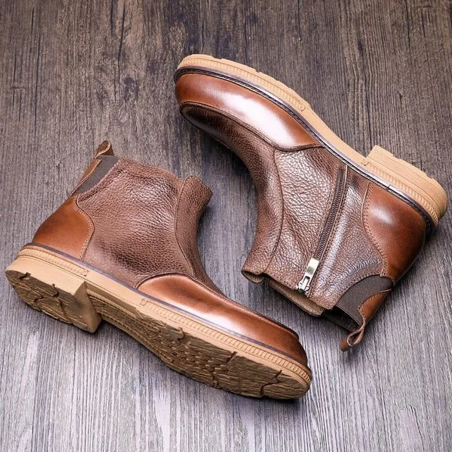 Men's Winter Full Grain Leather Chelsea Boots Side Zip