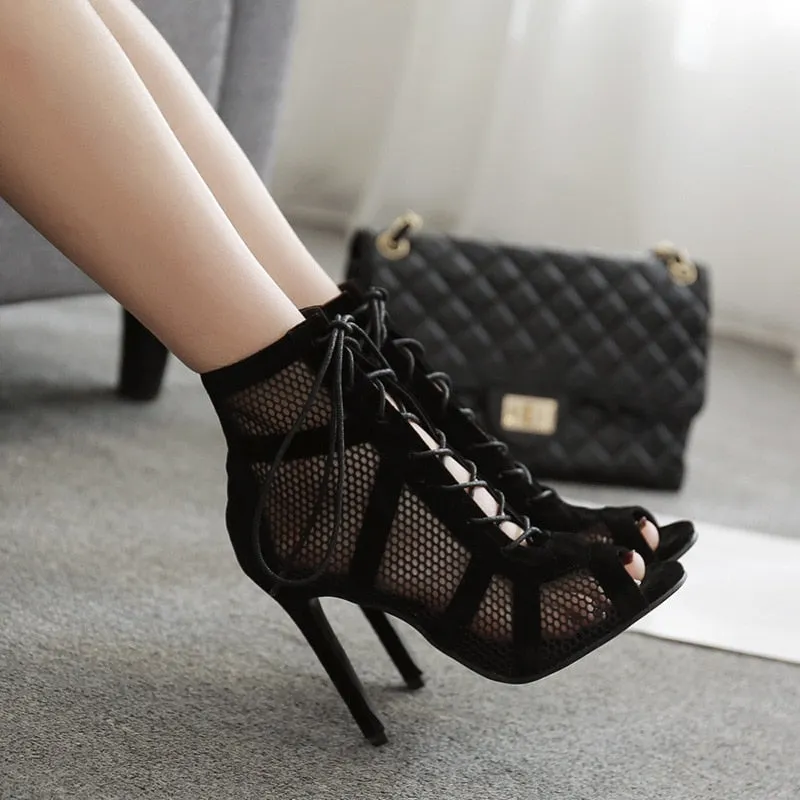 Mesh High Heels Lace Up Pumps Black Net Fabric Cross Strap Shoes
