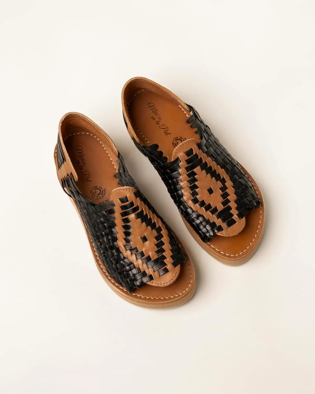 Mexico en la Piel Handcrafted Leather Sandals for Women - Black and Tan Open Toe, Lightweight EVA Sole, 1.5 Inch Heel