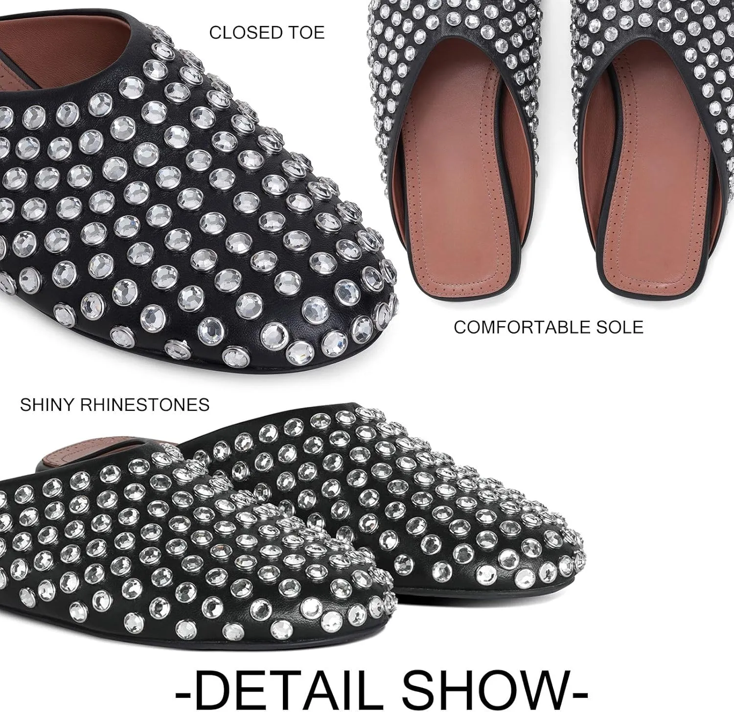 Mules for Women Flats Comfortable Rhinestones Flats Shoes Slip On Loafers Closed Toe Slides Summer Wide Width Mules Flats