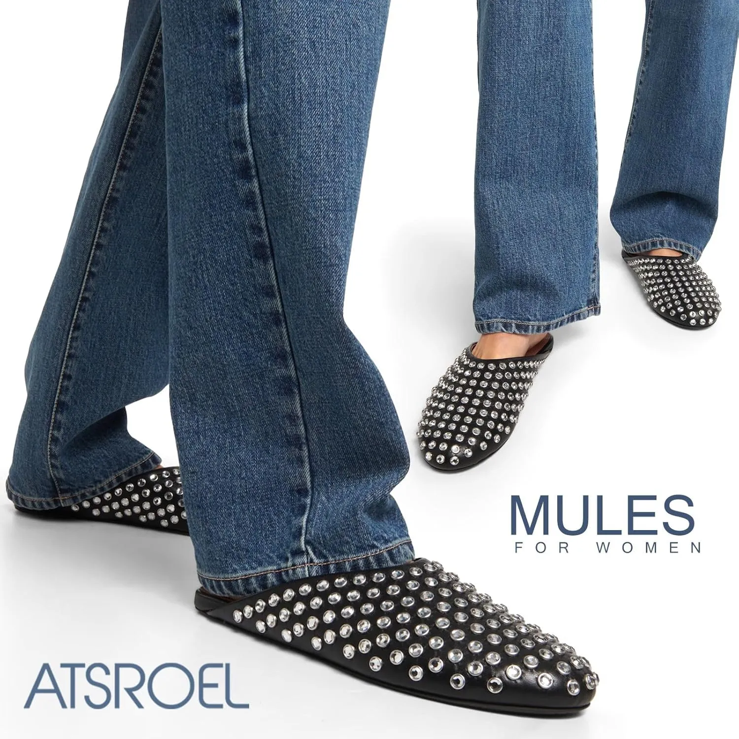 Mules for Women Flats Comfortable Rhinestones Flats Shoes Slip On Loafers Closed Toe Slides Summer Wide Width Mules Flats